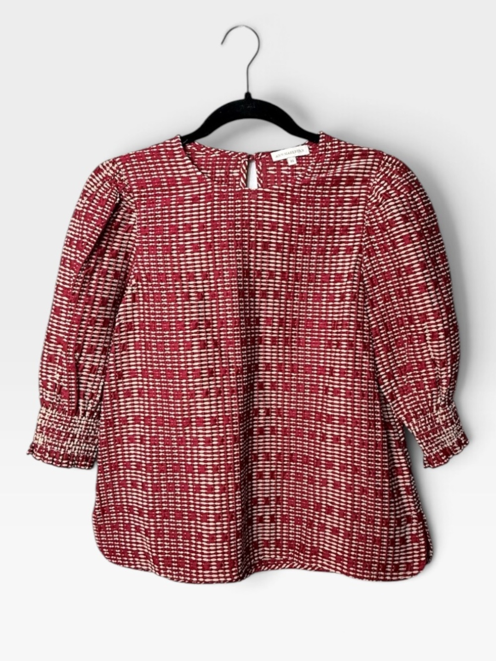 Ann Mashburn Anaya Popover Red Jacquard Puff Sleeve Blouse Top Size XS (A)